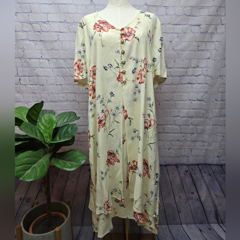 90s Another Thyme Floral Overlay Short Sleeve Dress - Size 18